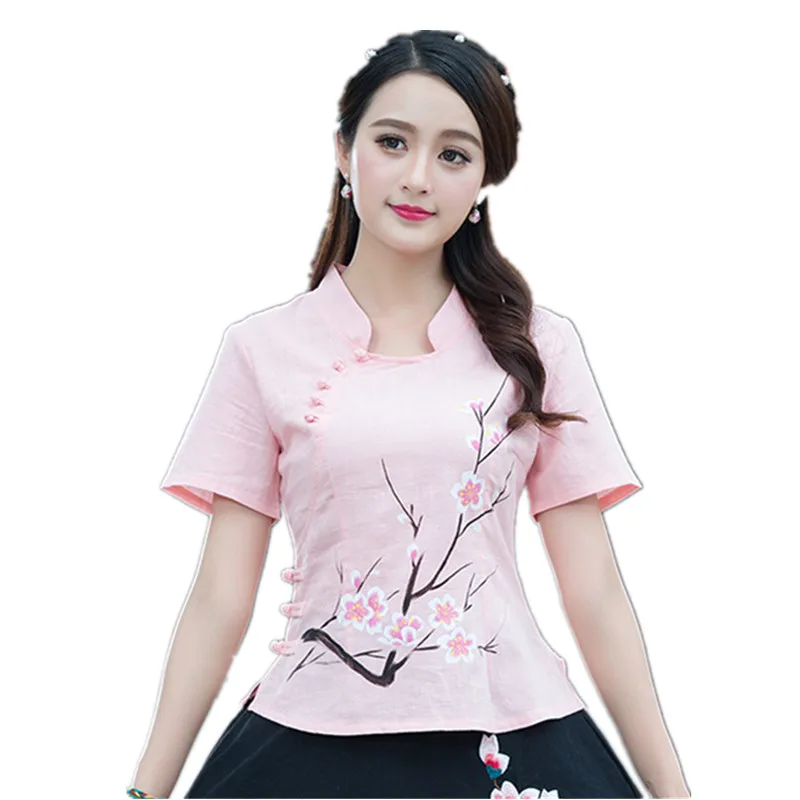Летний народный стиль китайский Cheongsam хлопковый льняной костюм Тан Топы ручная роспись печать короткий рукав традиционная блуза