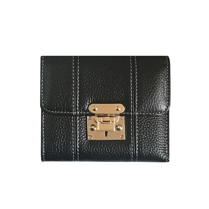 Женский короткий складной кошелек с замком из 100% натуральной коровьей кожи