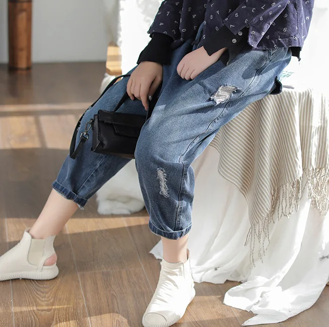 Women Ripped Ankle-Length Jeans Spring Autumn Solid Color Elastic Waist Drawstring Bleached Casual Harem Pants Female Wild Tide |