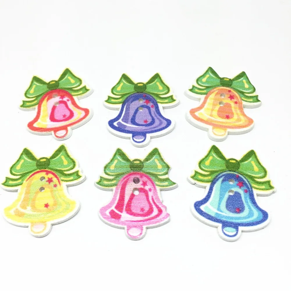 

200pcs Bell Shaped Wood Christmas Buttons 26*30mm Xtmas Sewing Button Scrapbooking Embellishments Crafts