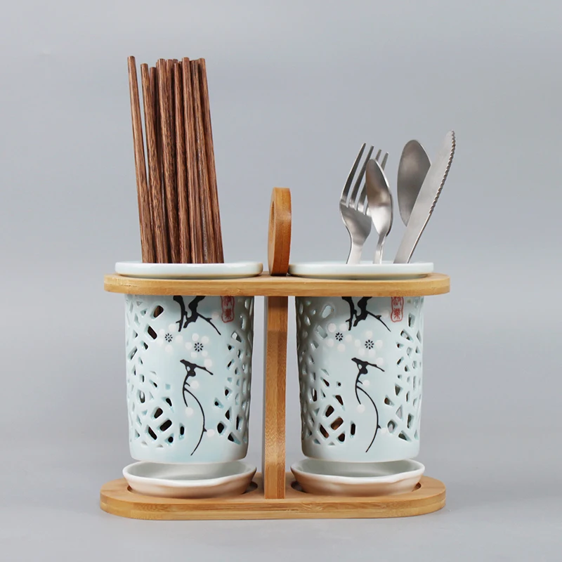 Japanese-style Hollow Ceramic Art Chopsticks Storage Holder Home Tableware Accessories Spoon Fork Knife Cylinder with Wood Shelf | Дом и сад