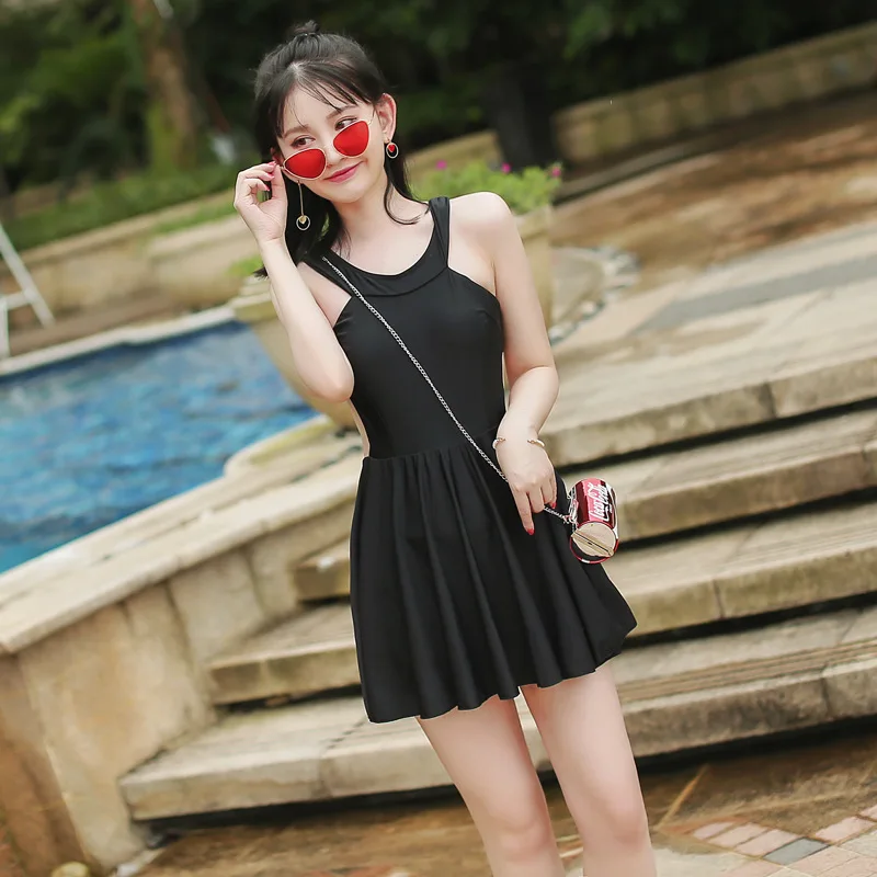 black High Neck Beach Dress Female Backless Swimwear Bathing Suit For Women Ruffle Swimsuit Ladies Sexy One Piece Swim Wear Women - Цвет: black