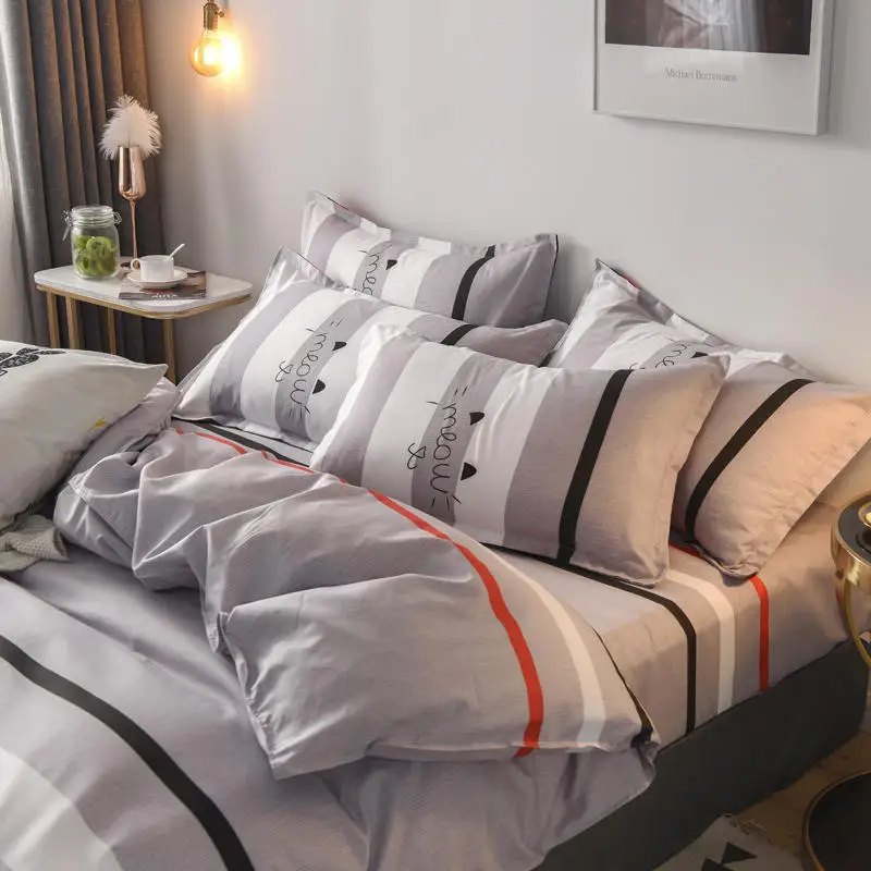 Gray white orange black stripes Bedding Set Sanding Bed Duvet Cover Sheet Pillowcases Twin Queen size bed | Дом и сад