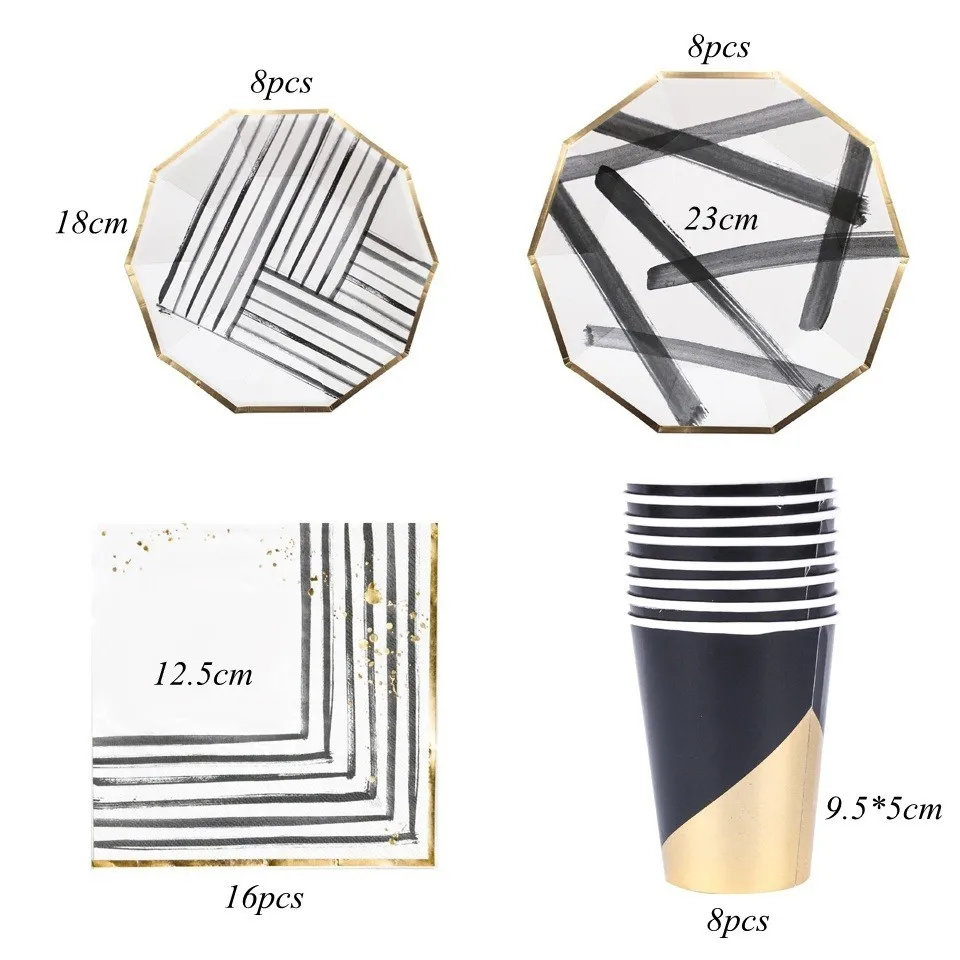 white black set 1 комплект черного и золотого Цвета Одноразовая посуда золочение Бумага пластины/чашки/соломинки Украшение стола на свадьбу/День рождения/вечерние украшения свадебные принадлежности - Цвет: white black set