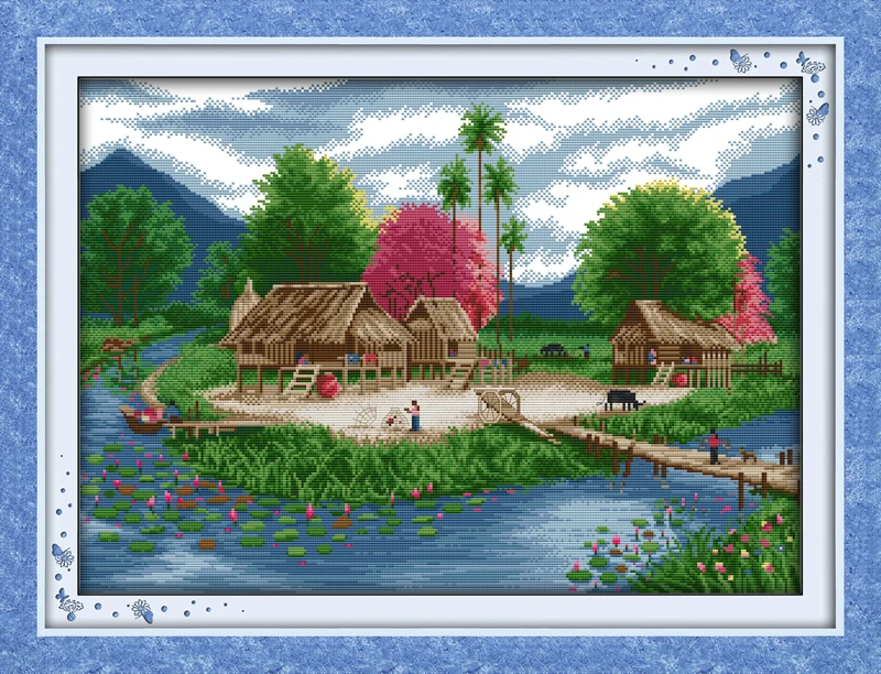 

Spring lakeside cross stitch kit 14ct 11ct count printed canvas stitching embroidery DIY handmade needlework