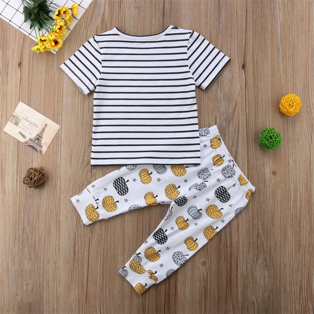 2018 Brand New Casual Toddler Kids Baby Girl Halloween Summer Outfits Striped T-Shirt Pumpkin Print Pants 2Pcs Cotton Sets 0-24M | Детская
