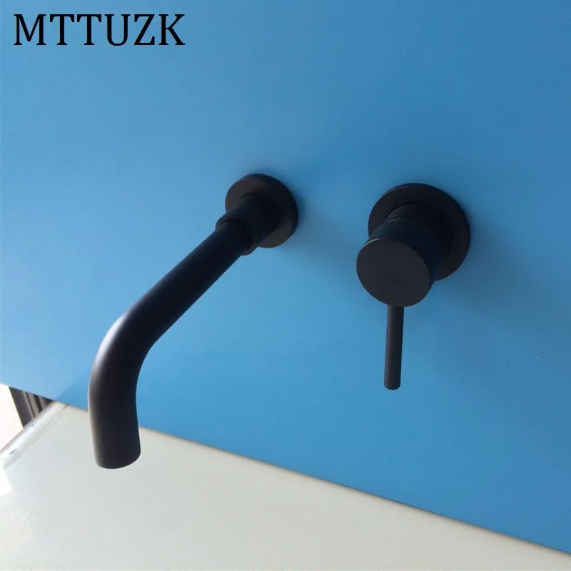 MTTUZK Simple Style Matte Black Brass Wall Mounted Basin Faucet Single Handle Mixer Taps Hot and Cold Split | Обустройство дома