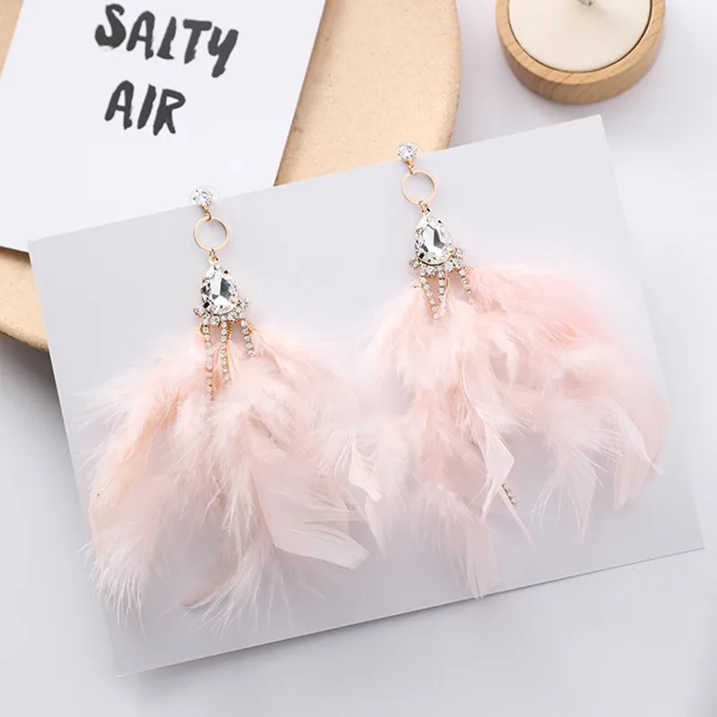 Pink Модные красочные серьги с перьями для женщин Роскошные капли воды Длинная кисточка из горного хрусталя темперамент Pendientes Mujer Moda EC1172 - Окраска металла: Pink