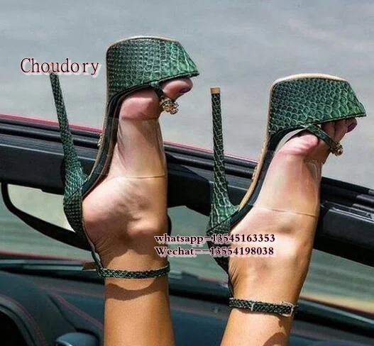 Женские свадебные туфли на каблуке зеленые платформе со змеиным принтом черные