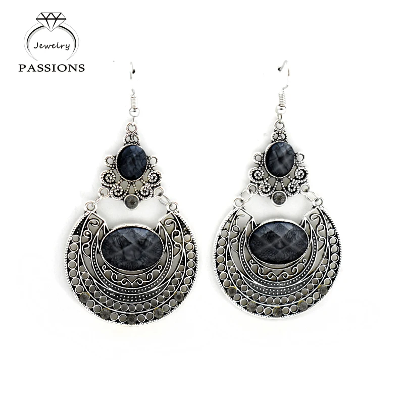 

Hot Sale Bohemian Acrylic Colorful Stone Big Drop Earrings Antique Silver Color Water Drop Shape Women Jewelry Dangle Earring