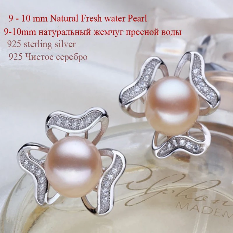 New Natural Freshwater 9-10mm Big Pearl with 925 Sterling Silver &amp Rhinestone Stud Earrings for women pearls jewelry | Украшения и