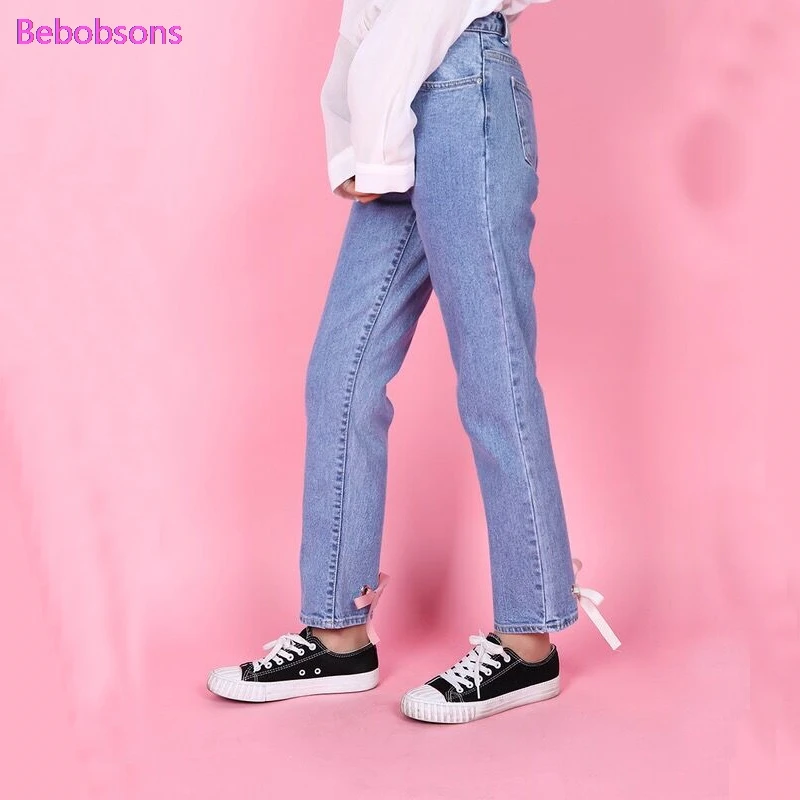 Корейские женские повседневные джинсовые брюки султанки с бантом на шнуровке