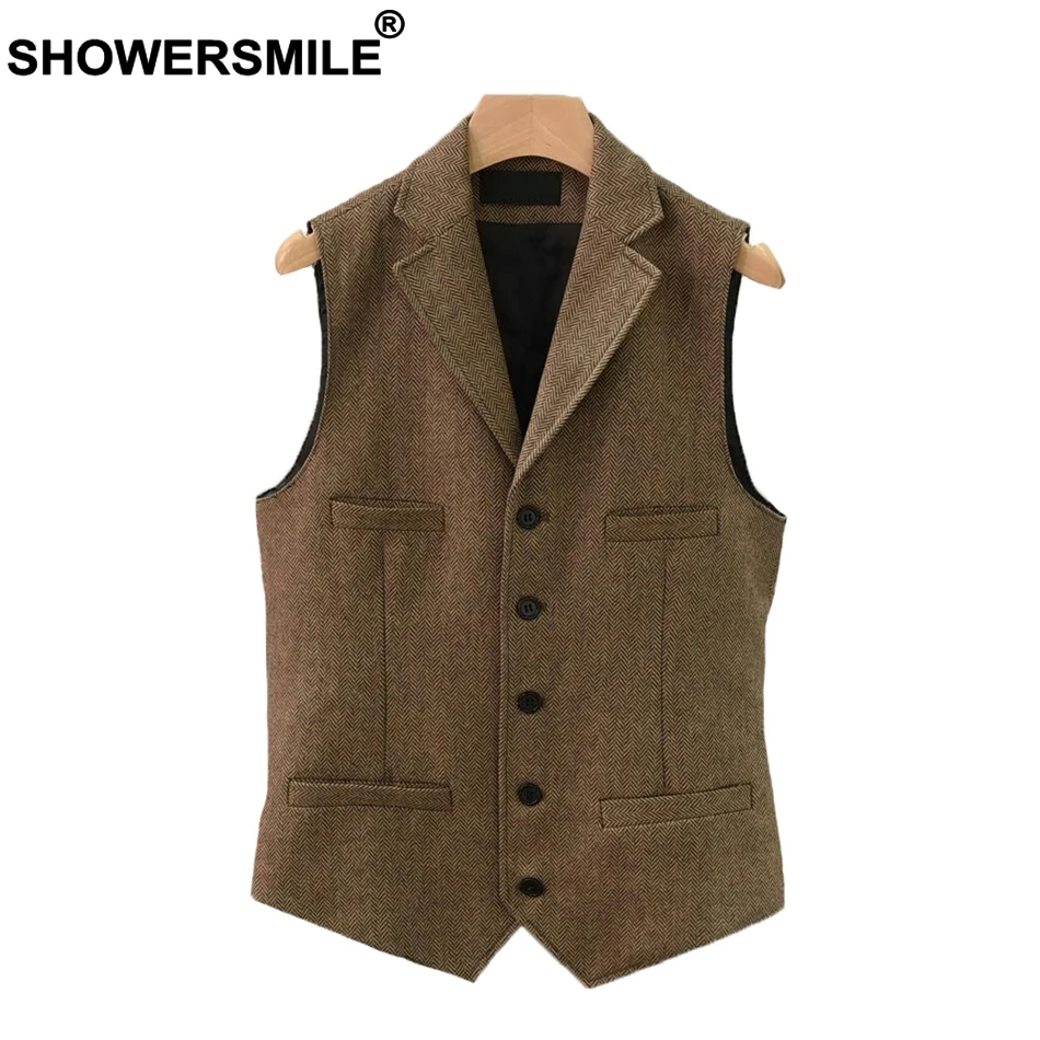 SHOWERSMILE мужской шерстяной твидовый жилет в британском стиле коричневый классический приталенный пиджак без рукавов с узором в елочку размера плюс 4XL