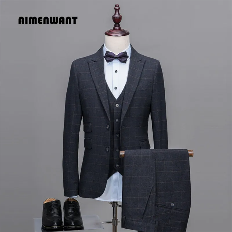 AIMENWANT 2017 Men's New Tailor Suit For Wedding (Jacket+Pants+Vest) Single Breasted Slim Grey Plaid Business Formal Suits