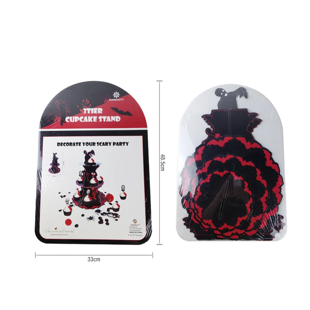 2017 New Design Big Spooktacular Red &amp Black Halloween Cupcake Stand with 3 Tier Cardboard Table Centrepiece Zombie Party | Дом и сад