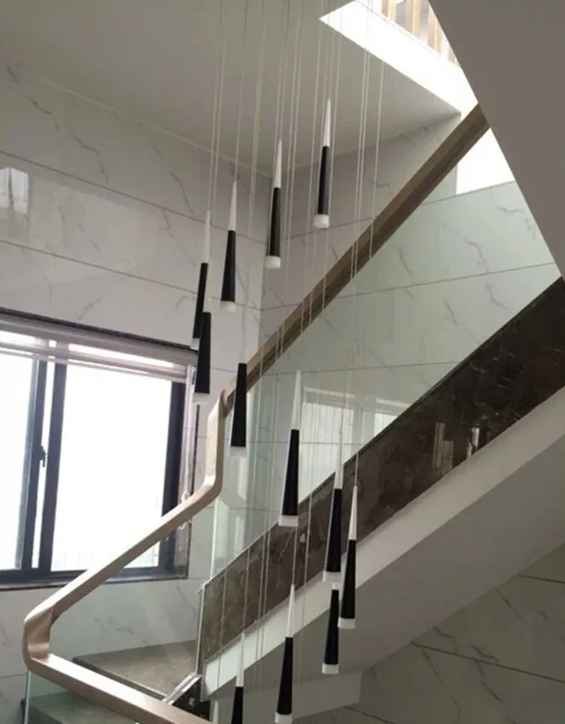 Fiyat Uzun Spiral Led Avize ışık Merdiven Siyah Tüp Led Armatür Modern Led şerit Merdiven Boşluğu Lambası Alüminyum Koni Asılı Işıklar
