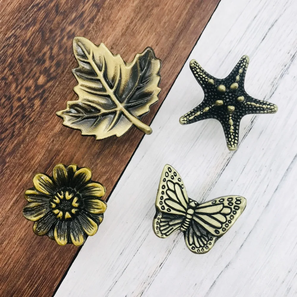 Твердая Античная матовая ручка для ящика Морская звезда Цветочная двери шкафа