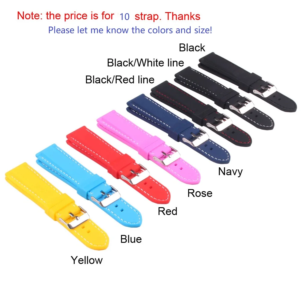 Wholesale 10pcs Solid Watch Silicon Rubber 18mm 20mm 22mm 24mm  Multi Color Army Military watchbands Strap Bands Buckle 18mm