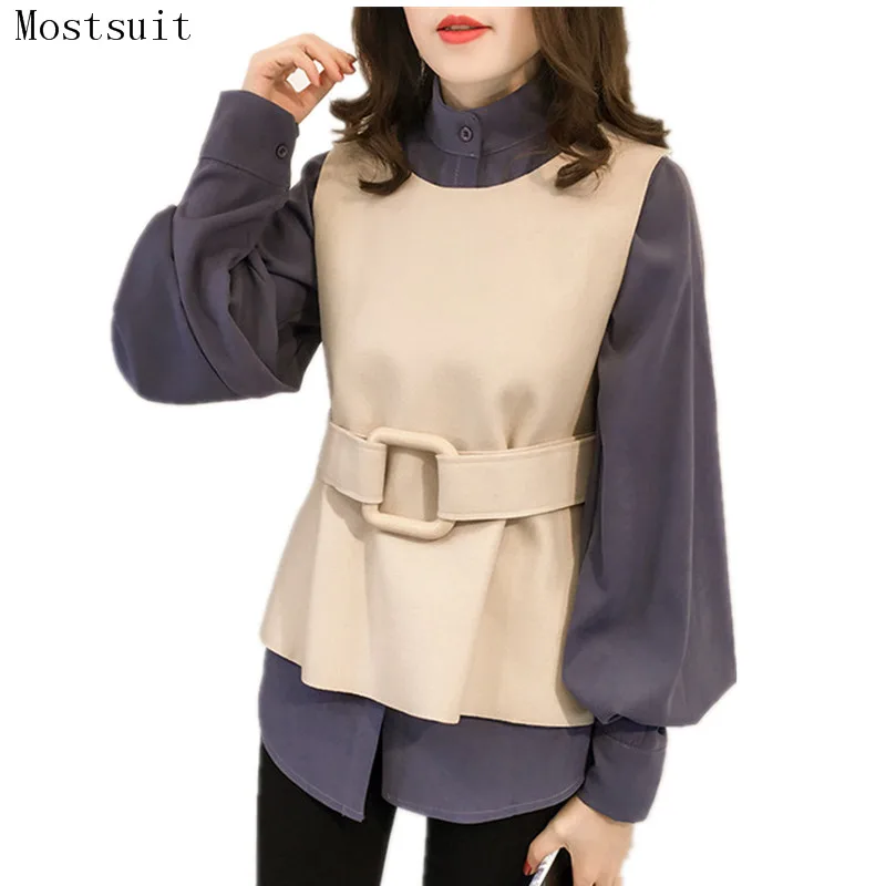 

M-4xl Blusas Kimino Women Blouse With Vest and Belt Plus Size Autumn Long Sleeve Shirt Korean Office Elegant Tops Blue 2019