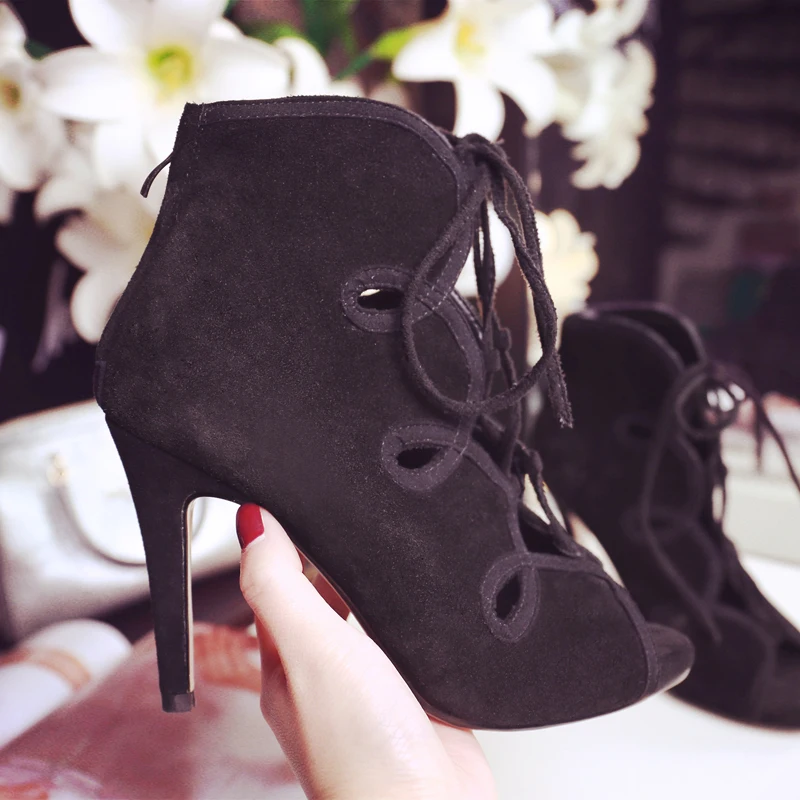 Women's Genuine Suede Leather Cut-out Lace-up Summer Open Toe Ankle Boots Brand Designer Sexy Ladies Short Booties Shoes Women | Обувь
