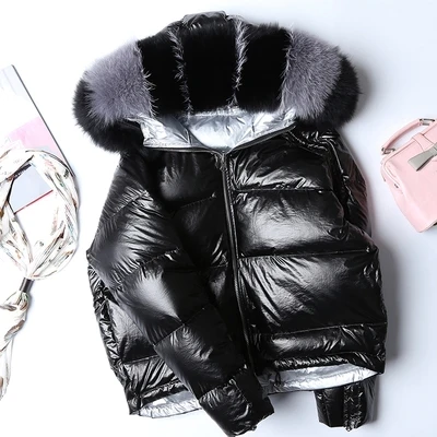 black fake fur Женская зимняя куртка, пуховик с воротником из натурального Лисьего меха, парка, верхняя одежда, Толстая Теплая Зимняя коллекция, модное Свободное пальто на утином пуху - Цвет: black fake fur