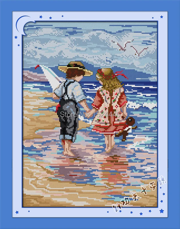 Рука об руку (детские) море дома кар 11CT Счетный Печать на холсте DMC Вышивка крестом