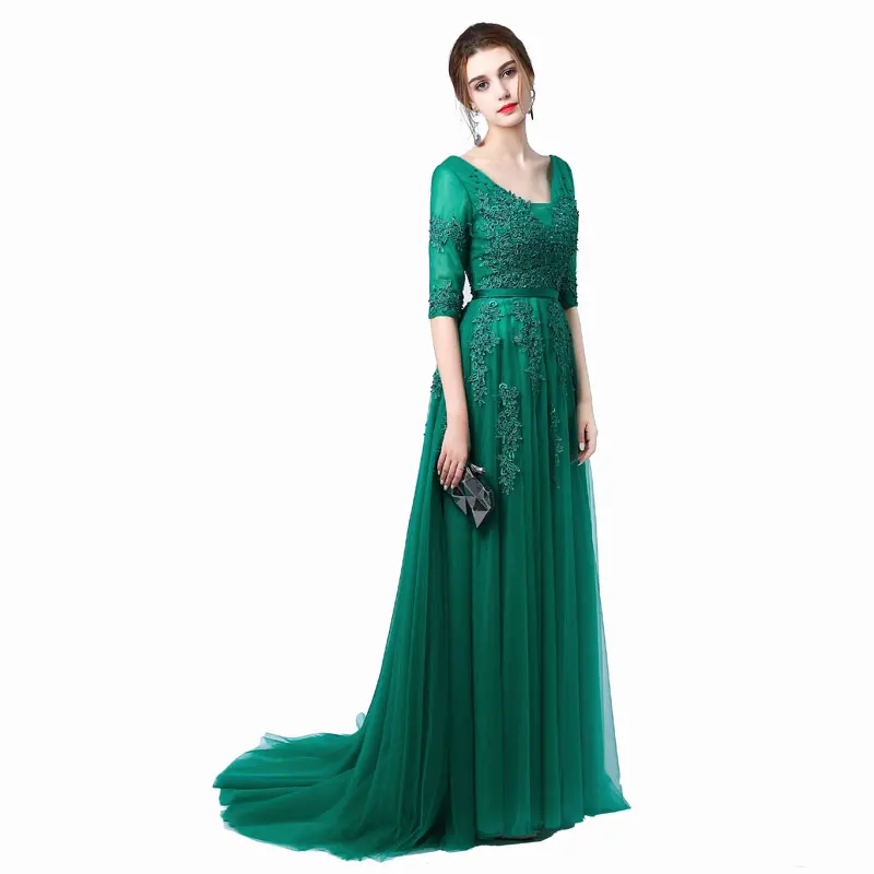 Vestido de festa Новое поступление Robe De Soiree v-образный вырез с кружевной аппликацией длинные тюлевые вечерние платья розовый темно-синий серый - Цвет: Green with sleeves