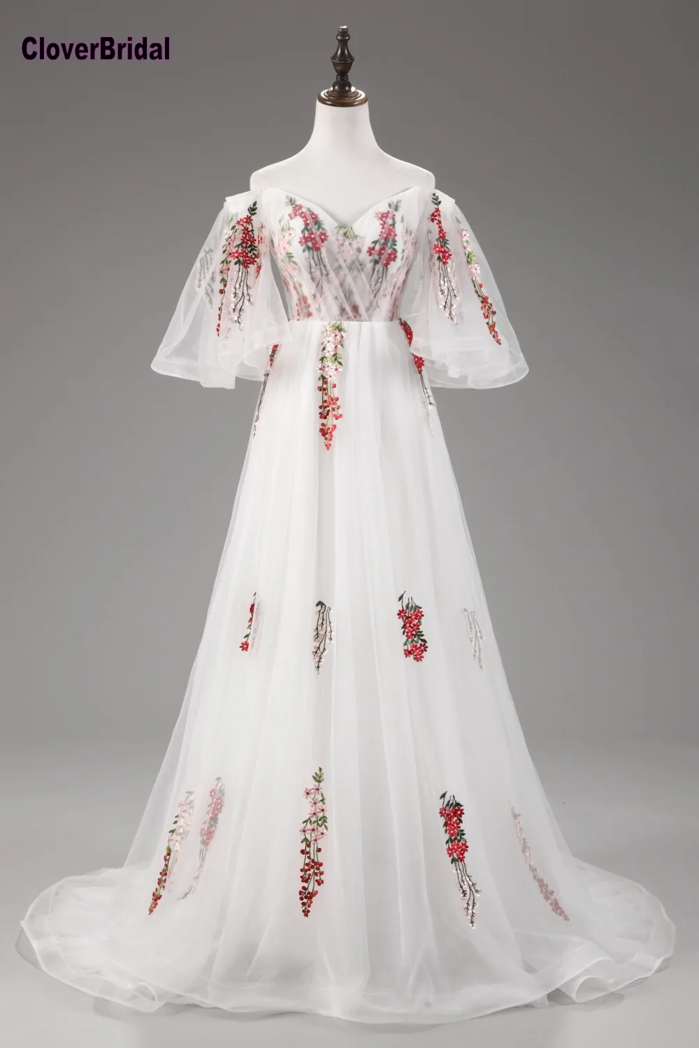 

CloverBridal unique pagoda sleeves colorful embroidery vestido longo white tulle off the shoulder prom dress with red floral