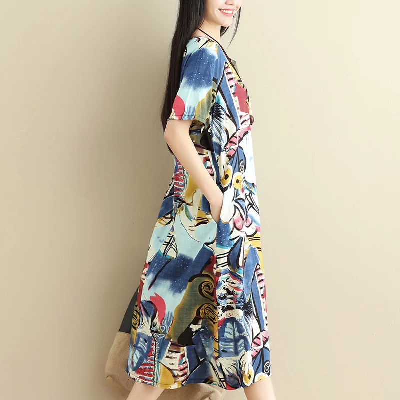 Женское хлопковое и льняное платье джемпер большого размера летнее Новое