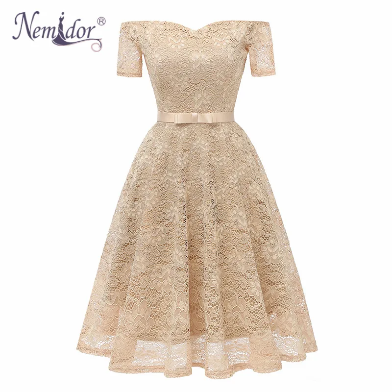 Nemidor 2019 Women Vintage Short Sleeve Bow Summer Swing A-line Dress Sexy Slash Neck Patchwork Midi Party Lace | Женская одежда