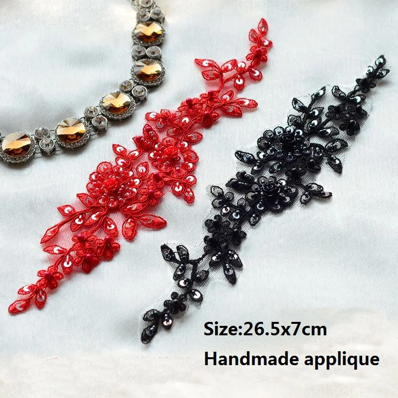 Красный/черный шнур Кружевная аппликация с блестками Цветочная вышивка Alencon 3D
