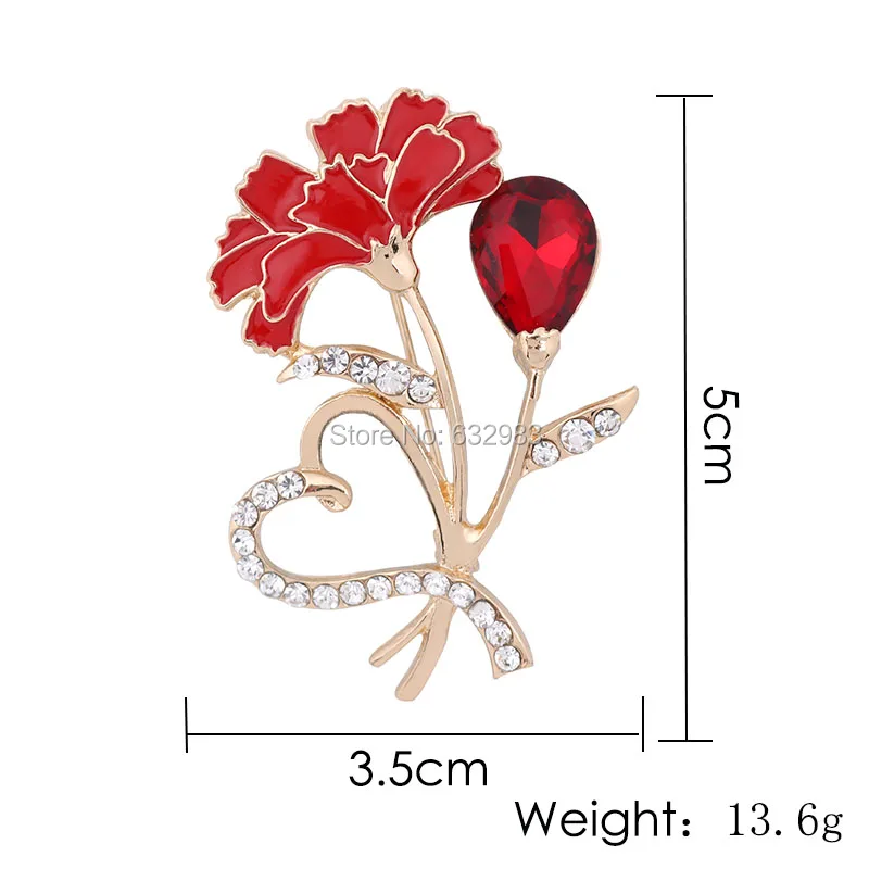 Элегантная брошь в форме сердца гвоздики букет Стразы эмалированные красные