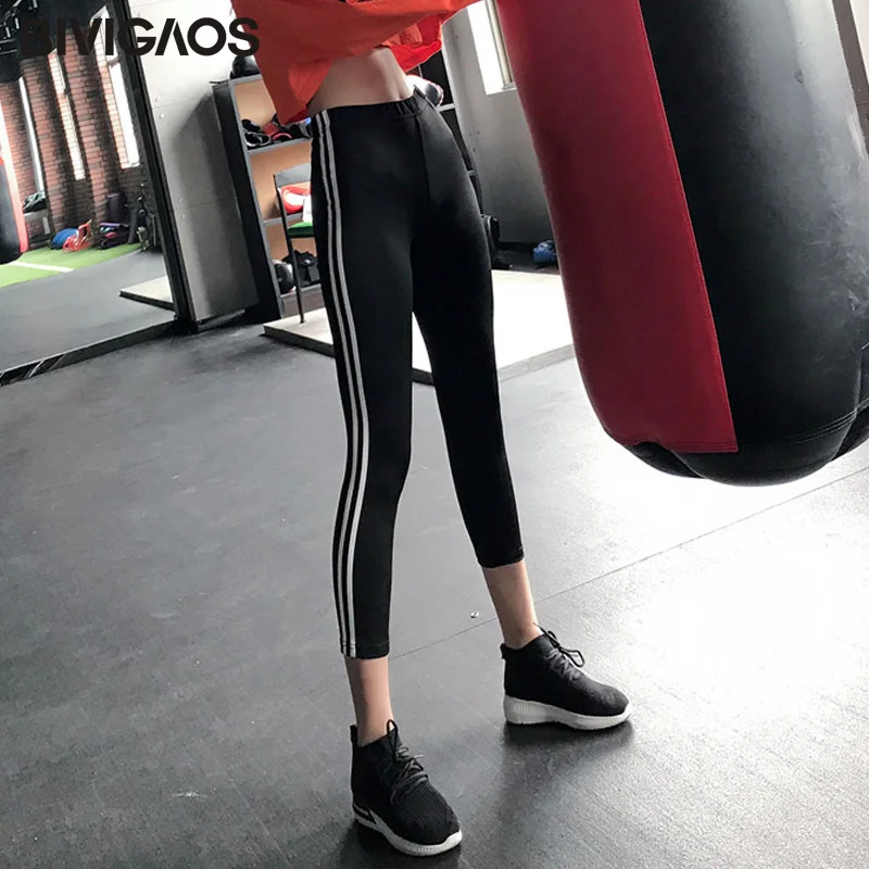 Calf Length Black BIVIGAOS женские Стиль досуга ледяные шелковые боковые белые полосатые спортивные леггинсы тонкие быстросохнущие леггинсы длиной до щиколотки брюки эластичные укороченные брюки фитнес Леггинсы - Цвет: Calf Length Black