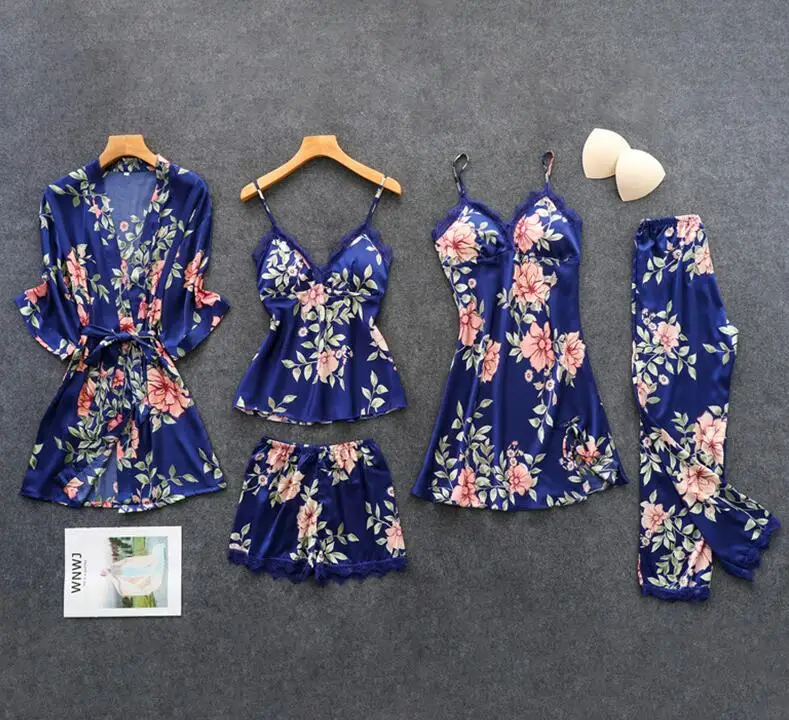 navy blue A Осенние женские пижамные комплекты, удобные атласные пижамы для сна, кружевная Шелковая пижама, 5 шт., камзол+ халат+ штаны, Пижама для женщин, домашний костюм - Цвет: navy blue A