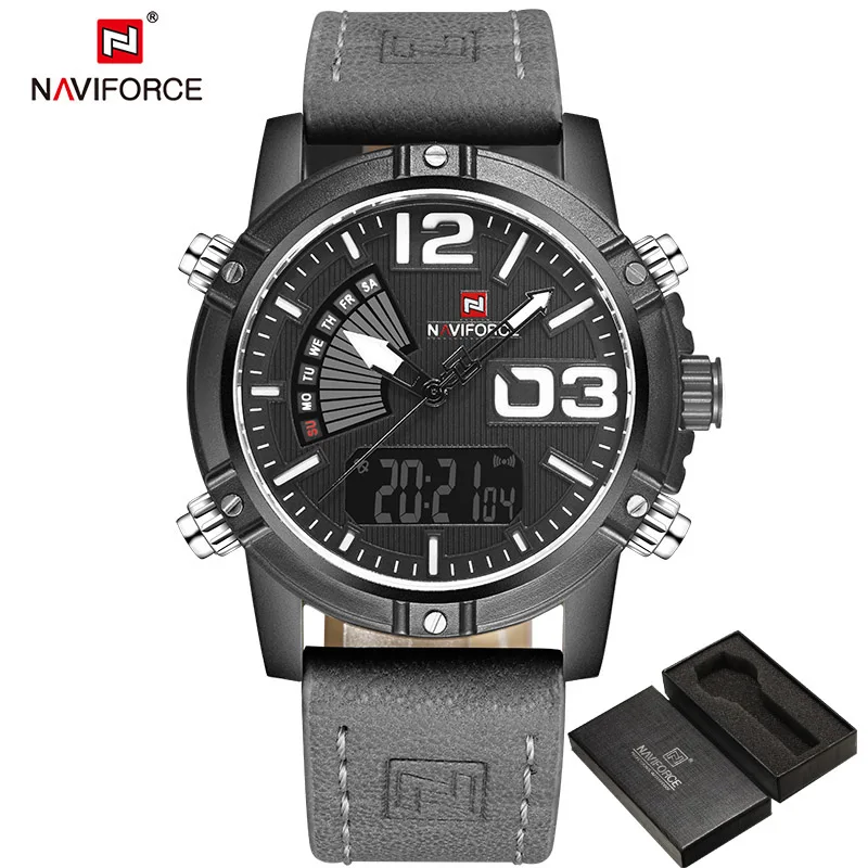 NAVIFORCE мужские модные спортивные часы мужские кварцевые аналоговые часы с датой мужские кожаные военные водонепроницаемые часы Relogio Masculino - Цвет: Black Gray