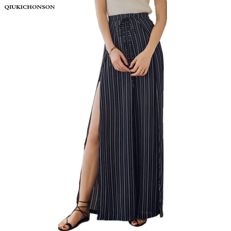 Соблазнительные шифоновые брюки в полоску с высоким разрезом повседневные