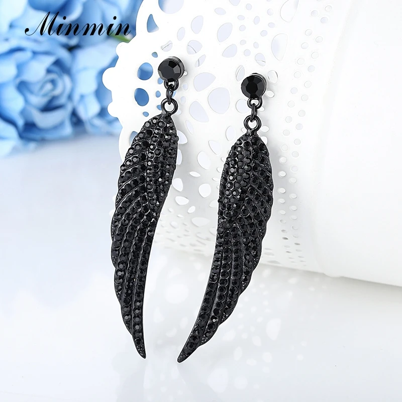 Минмин винтажные серьги с длинными перьями для женщин черные кристаллические крылья ангела свисают 2019 модные украшения для женщин MEH942.