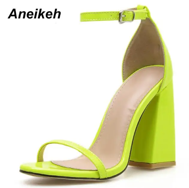 Green Aneikeh/ г. Летние пикантные сандалии в римском стиле из PU искусственной кожи модные однотонные туфли с закрытым круглым носком на высоком квадратном каблуке, с пряжкой, зеленый, черный цвет, с закрытой пяткой, размер 40 - Цвет: Green