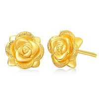 real solid 24k yellow gold earrings womens rose flower stud earrings