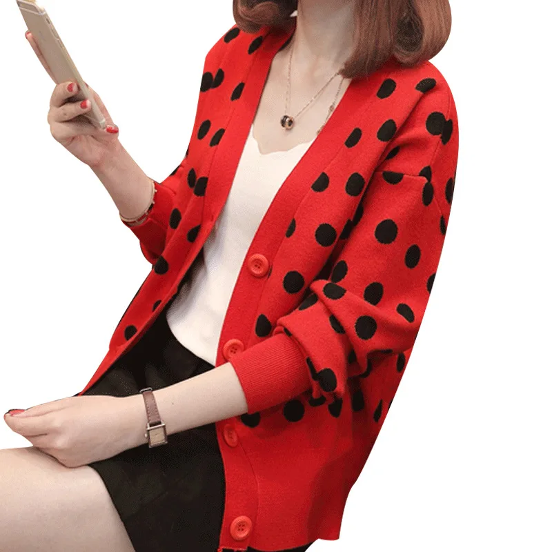 Korean Autumn 2018 Preppy Button Cardigan Women Polka Dot V-neck Sweet Girl Lady Knitted Mujer Clothes Sweater |