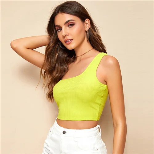 Neon Yellow SweatyRocks, неоновый цвет, на одно плечо, ребристая вязка, короткий топ, лето, женский сексуальный жилет, летний однотонный, для отдыха, облегающий Топ - Цвет: Neon Yellow