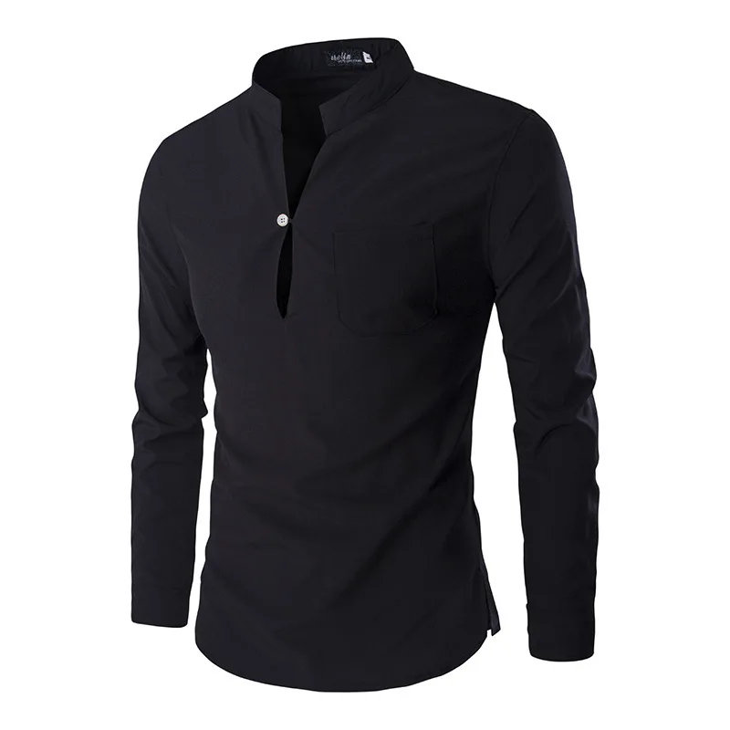 

Fashion One Button Men Designer Solid Color Cotton Stand Collar Slim Camisa Men Tops Male Casual Shirt Long Sleeve