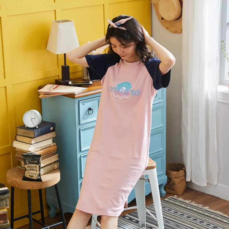 Женская ночная рубашка из 100% хлопка с коротким рукавом и круглым вырезом большие