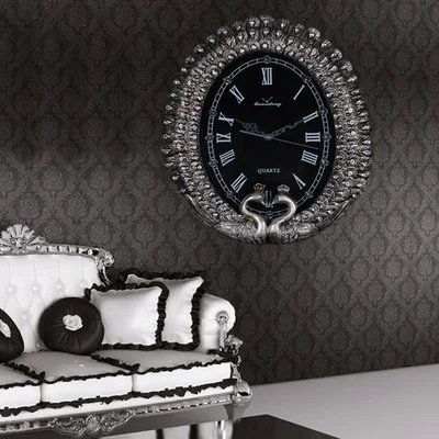 antique silver Высококачественная Ретро Фреска Европейский Стиль Современное искусство украшения модные креативные домашние настенные часы павлин - Цвет: antique silver