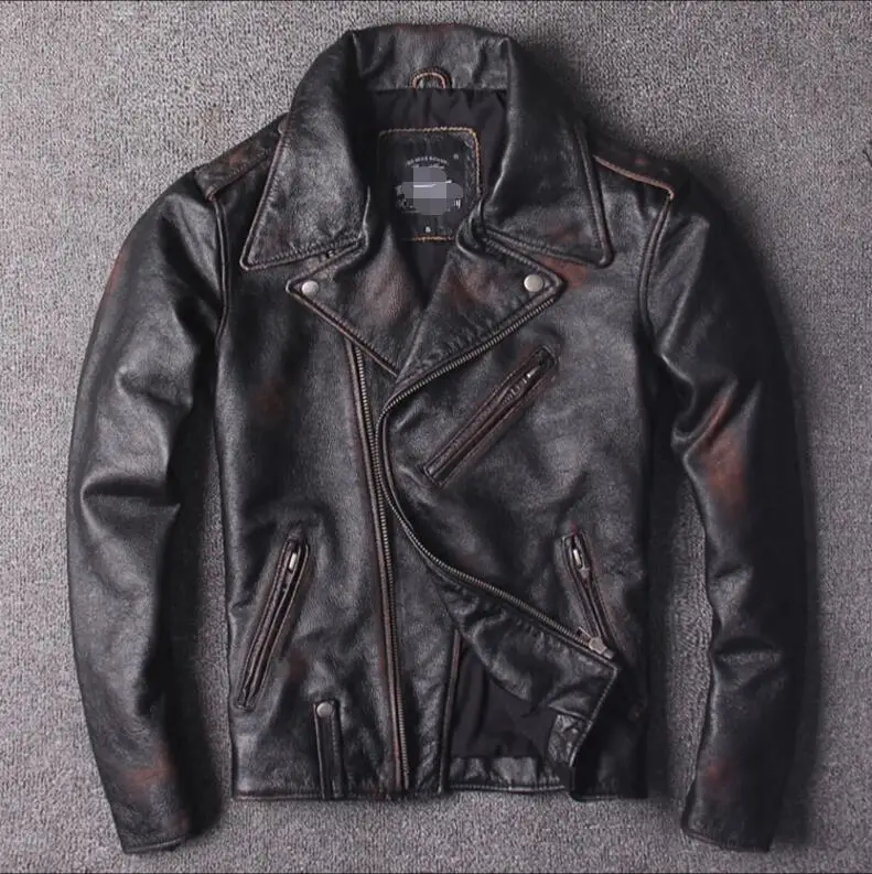 

Модная мужская кожаная байкерская куртка в американском стиле с ручной росписью, свободная мотоциклетная куртка из натуральной кожи с лацк...