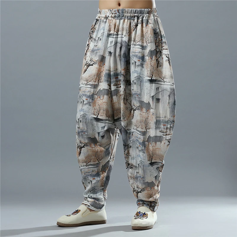 Cotton Linen Crotch Pants Casual Men Long Trousers Male Cross Joggers Bottoms Pantalon Homme Broek Mannen | Мужская одежда