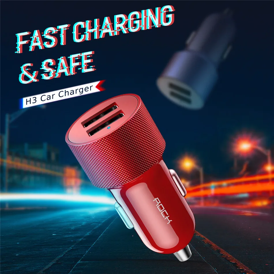 ROCK автомобильное зарядное устройство для телефона с двойным USB выходом 5V2. 4A Быстрая зарядка мобильного телефона дорожный адаптер прикуриватель для автомобильного телефона USB зарядное устройство