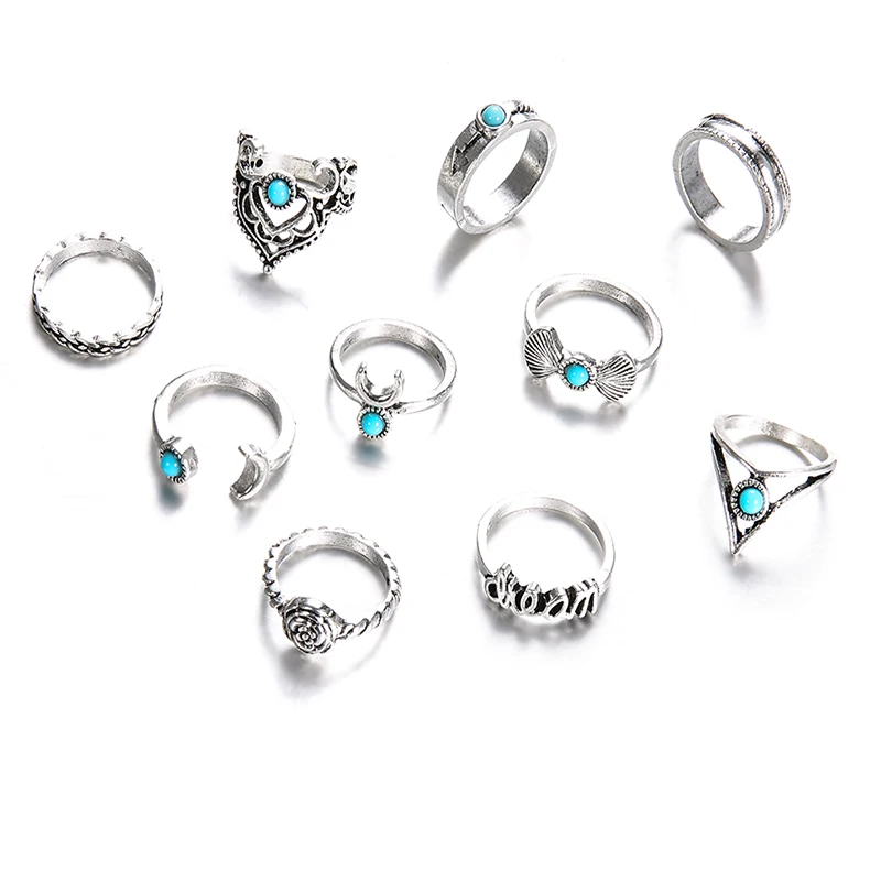 10 Pcs/Set Women Charm Bohemia Retro Moon Fatima Letter Flower Arrow Shell Crown Gem Opening Ring Set Party Wedding Jewelry Gift | Украшения