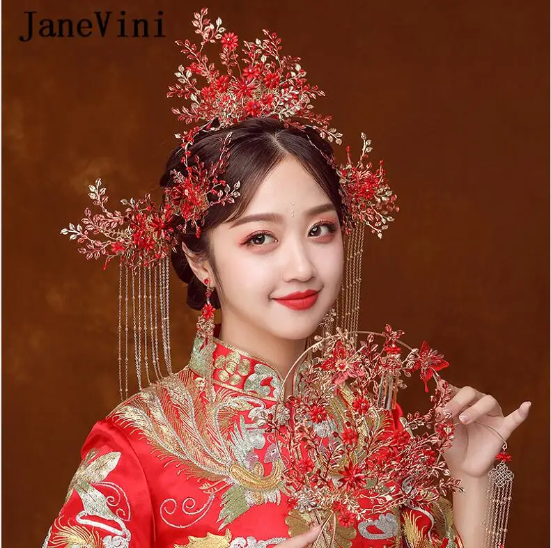 Fans and Hairpins JaneVini роскошный китайский свадебный веер букеты красная бабочка Свадебный букет золотые длинные кисточки металлический ручной вентилятор для невесты цветы - Цвет: Fans and Hairpins