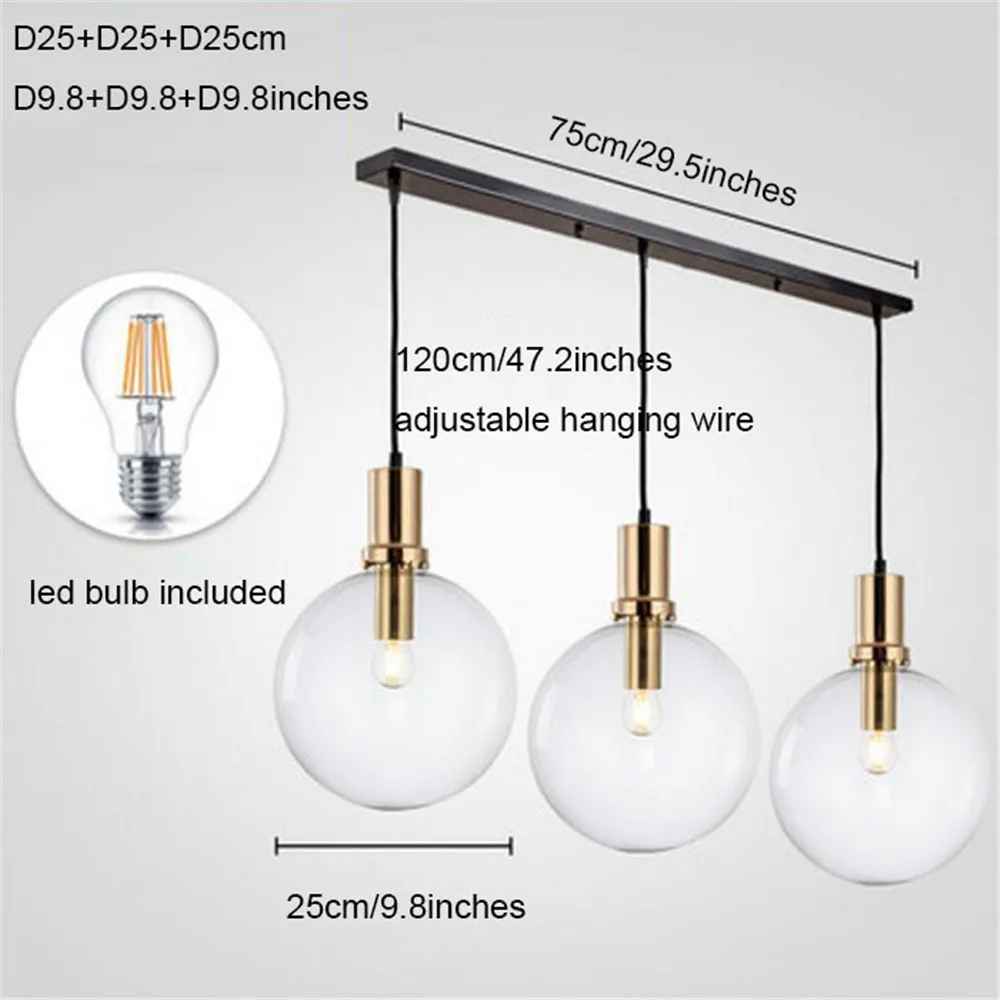 D25cm gold 3line E27 светодиодный светильник, люстра для столовой, современный черный золотой блеск, прозрачный глобус, стеклянный абажур, декоративные люстры для освещения острова - Цвет абажура: D25cm gold 3line